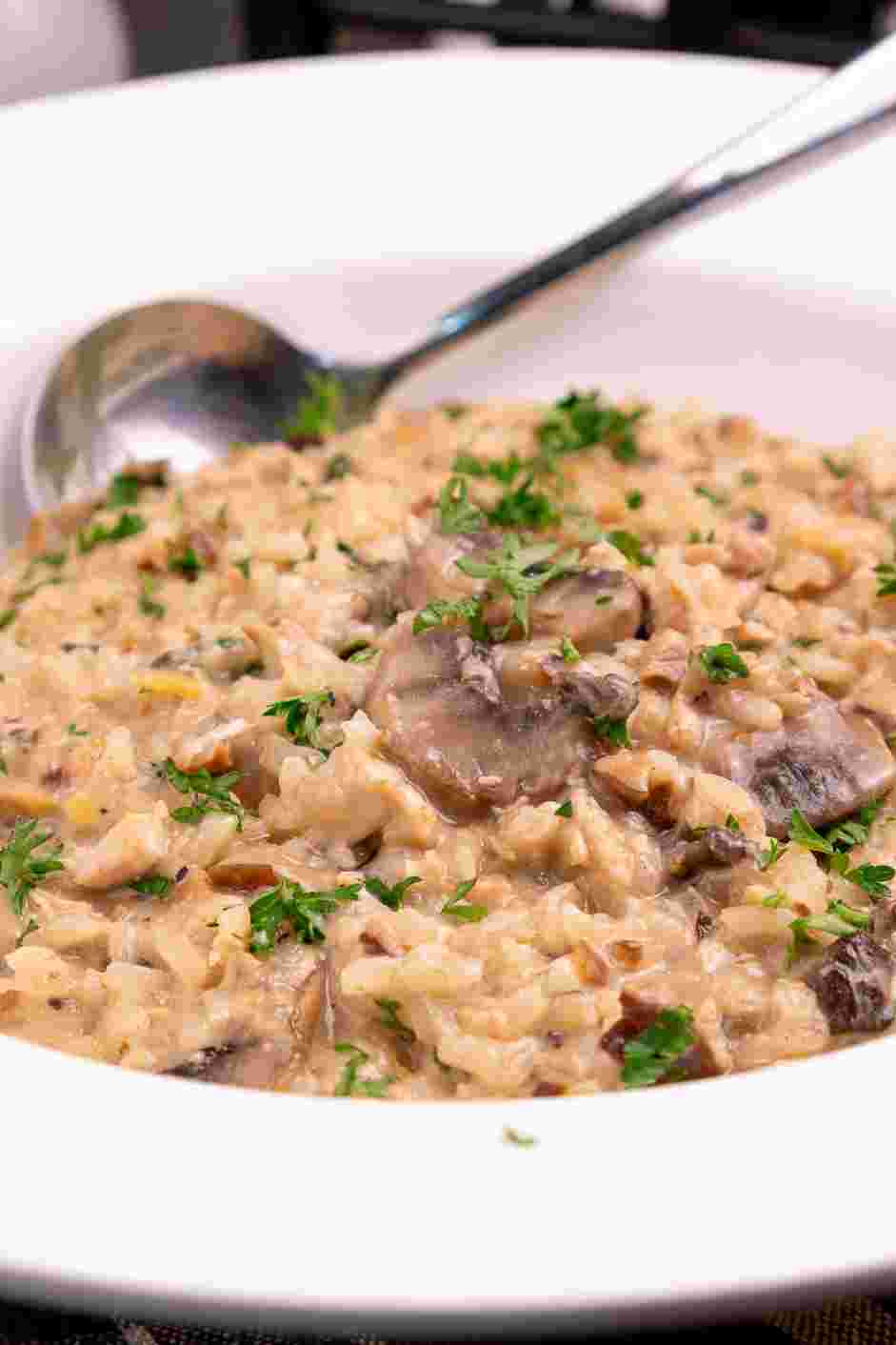 Chicken Mushroom Risotto Recipe: 
Garnish with more Parmesan and even a few chopped fresh herb leaves, if desired.