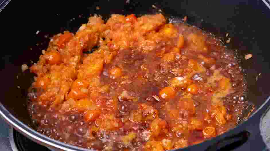 Five Cheese Ziti Al Forno Recipe: Stir in the red wine, balsamic vinegar and salt.