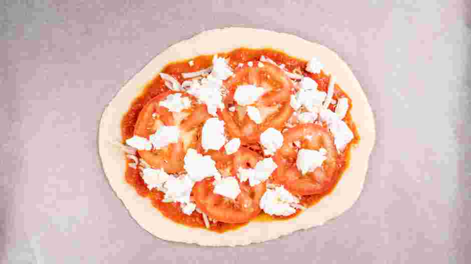 Margherita Flatbread Recipe: Top with the sliced fresh mozzarella and the Italian tomatoes.