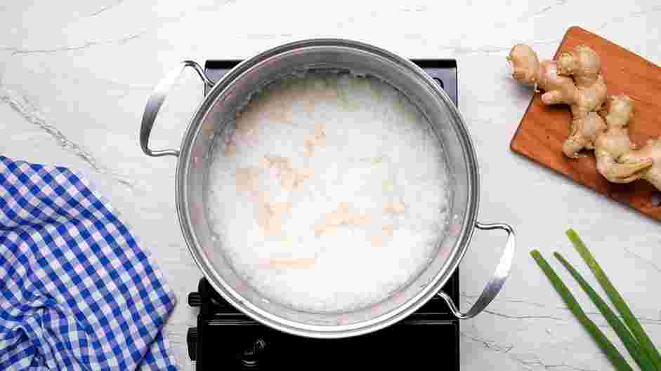 Rice Porridge Recipe: Simmer the rice porridge for about 1 hour or until the congee is thickened and creamy.