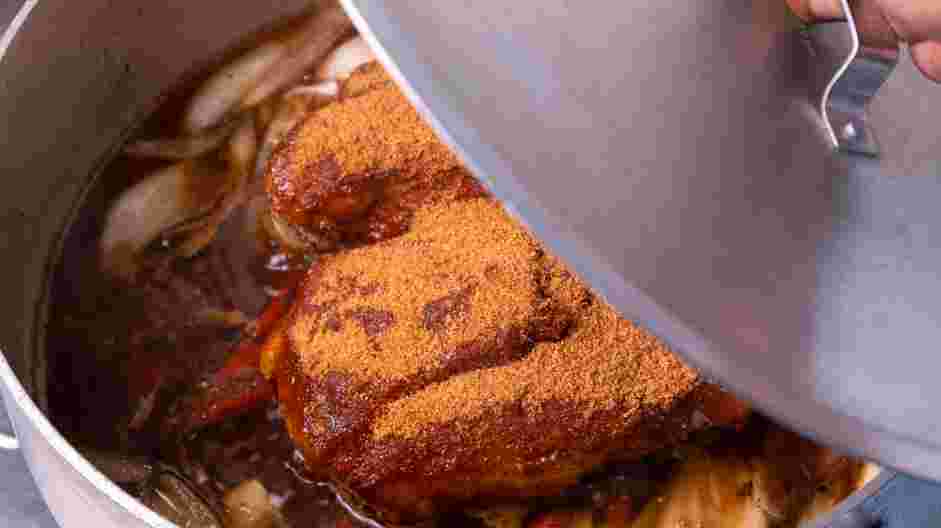 Dr Pepper Pulled Pork Recipe: Place the lid on the Dutch oven and roast for about 4-6 hours, basting the pulled pork with the liquids every hour, until the meat shreds easily with two forks and the internal temperature is at least 203°F.