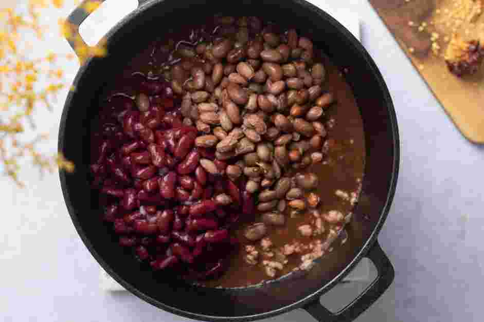 Stovetop  Chili Recipe: Add the kidney and pinto beans and simmer for a minimum of 30 minutes and up to 2 hours, until thickened.