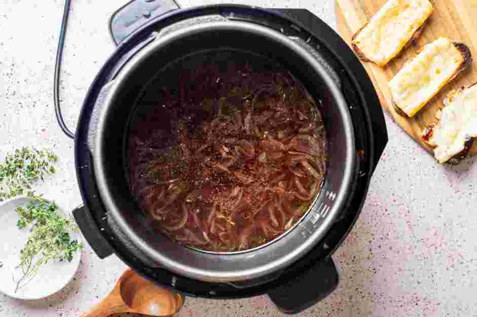 Instant Pot French Onion Soup Recipe: When the timer goes off, allow the pressure to release naturally for 10-12 minutes before quick-releasing the pressure.