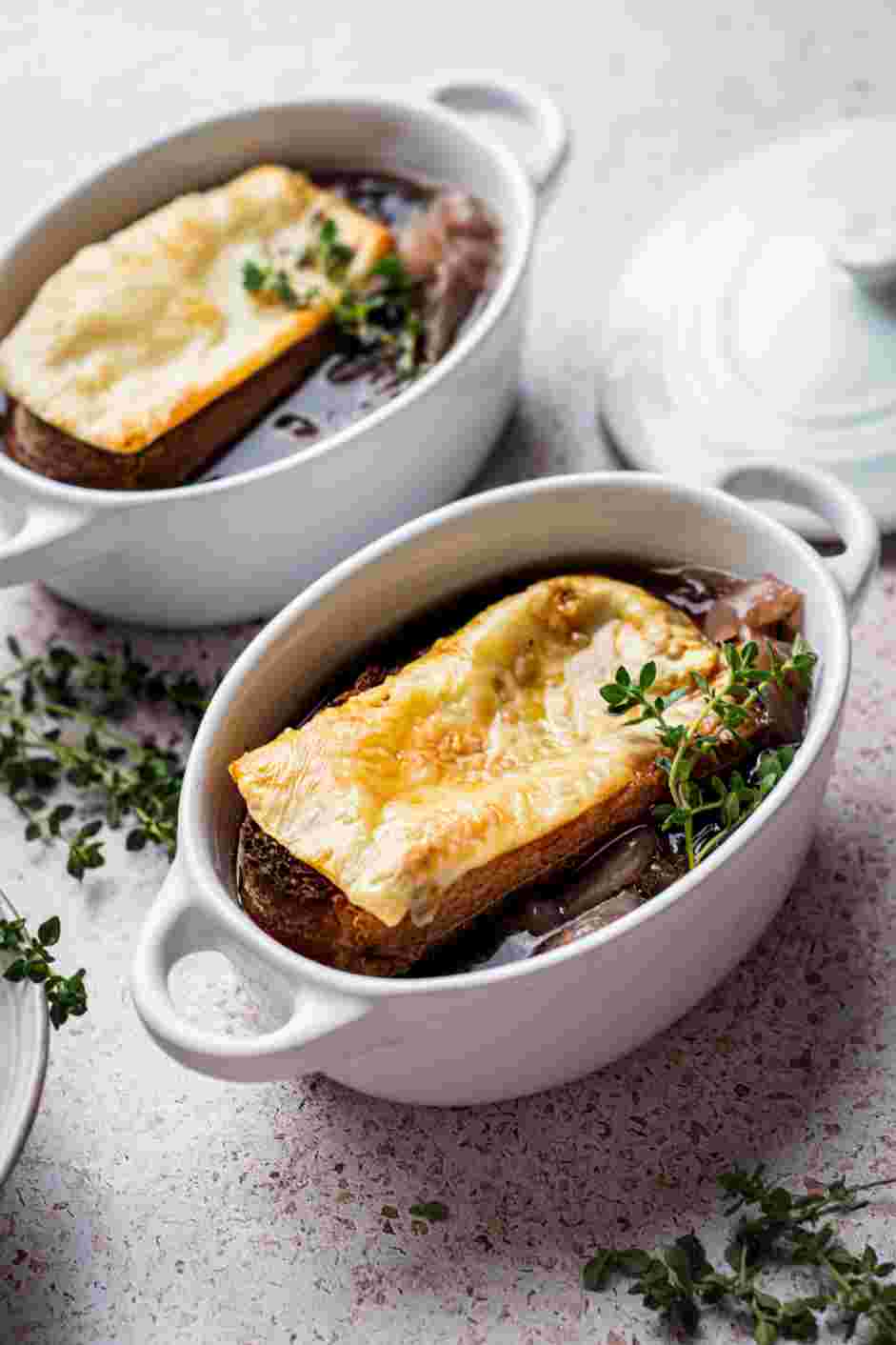 Instant Pot French Onion Soup Recipe: Ladle the French onion soup in bowls or cups and top with a cheese crouton.