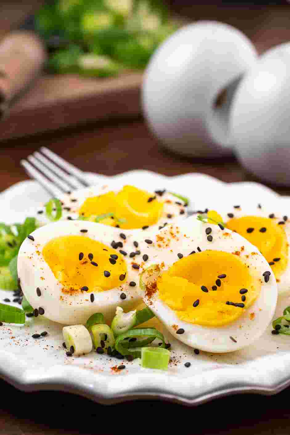 Air Fryer Hard Boiled Eggs Recipe: Peel the air fryer hard boiled eggs and season with salt and pepper.