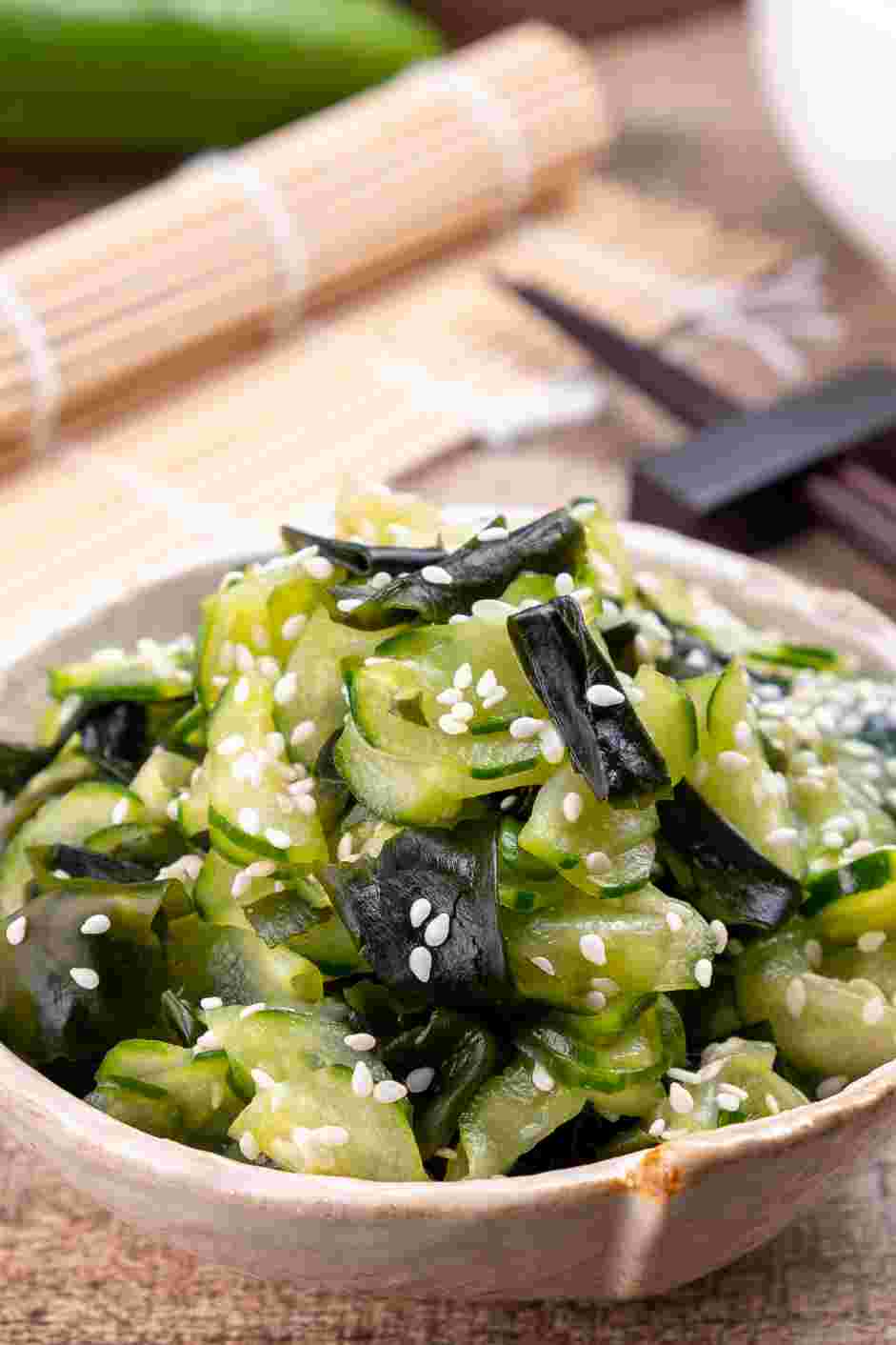 Japanese Cucumber Salad Recipe: Garnish with a sprinkling of toasted white sesame seeds.