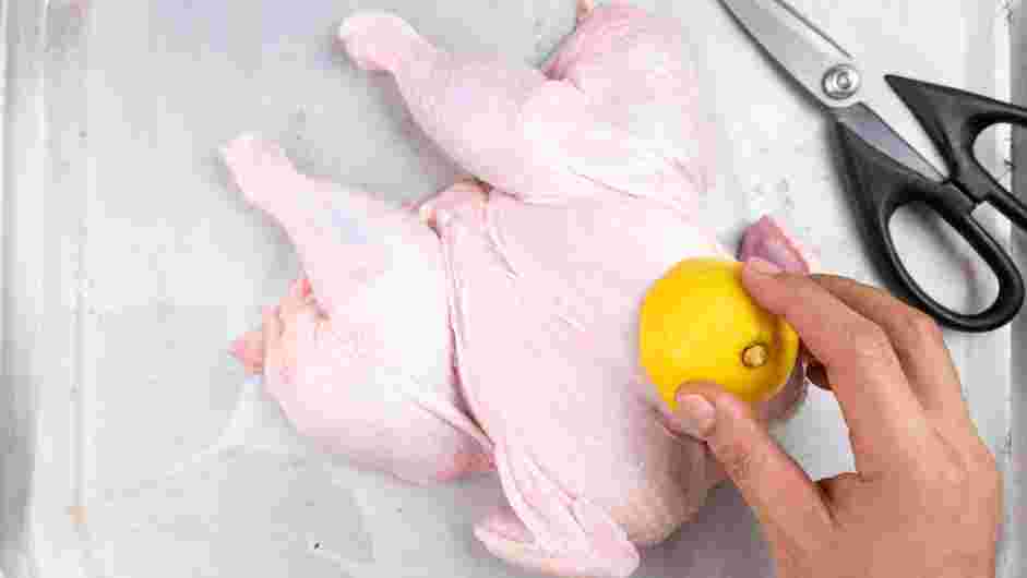 Spatchcock Chicken Recipe:
Cut one lemon in half and rub both lemon halves of the lemon on the skin side of the chicken.