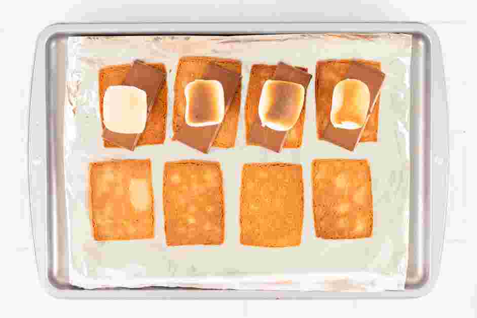 Smores in the Oven Recipe: Broil for 2-4 minutes until the marshmallows are toasted but not burnt and the graham crackers are warm and lightly toasted.