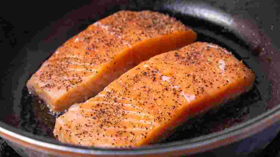 Salmon with Dill Sauce Recipe: In a skillet on medium heat, heat the remaining two tablespoons of olive oil.