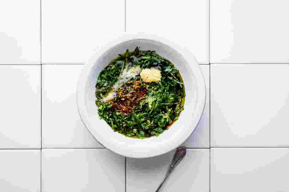 Cilantro Chimichurri Recipe: Add ½ cup of red wine vinegar, two cups of olive oil, one ounce of fresh lemon juice, minced garlic, crushed red pepper flakes and salt.