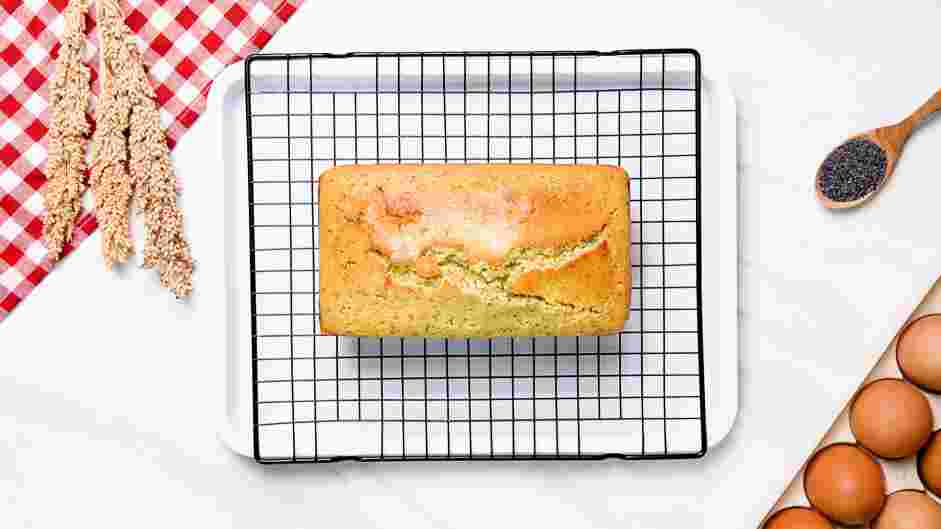 Lemon Poppy Seed Bread Recipe: Remove the loaf pan from the oven and let the lemon poppy seed bread cool for 20 minutes before unmolding and moving the loaf to a wire rack to cool completely.