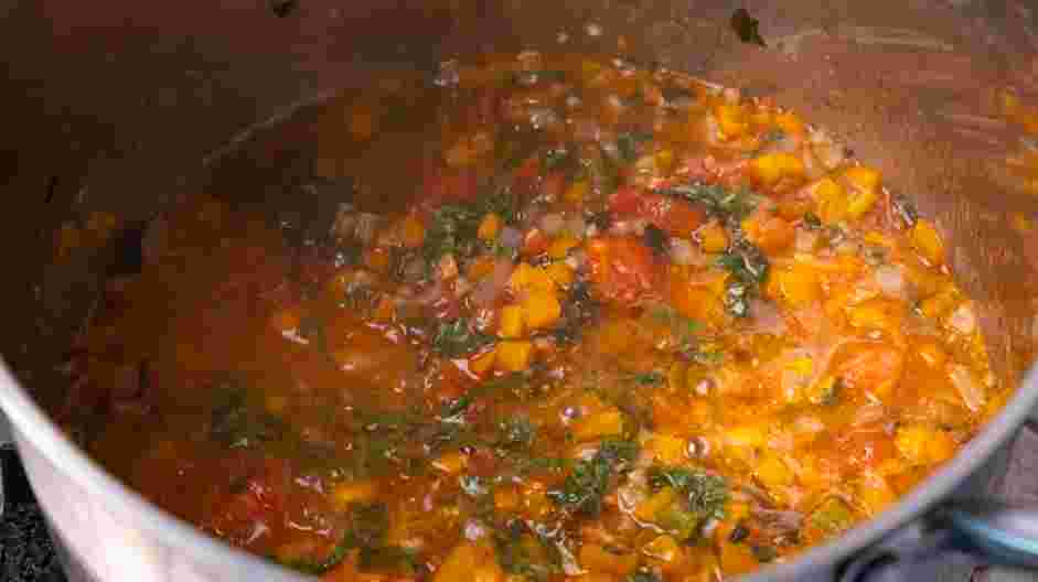 Turkey Bolognese Recipe: While the pot is simmering, chop the basil and add half of the chopped basil to the pot after about an hour of simmering.