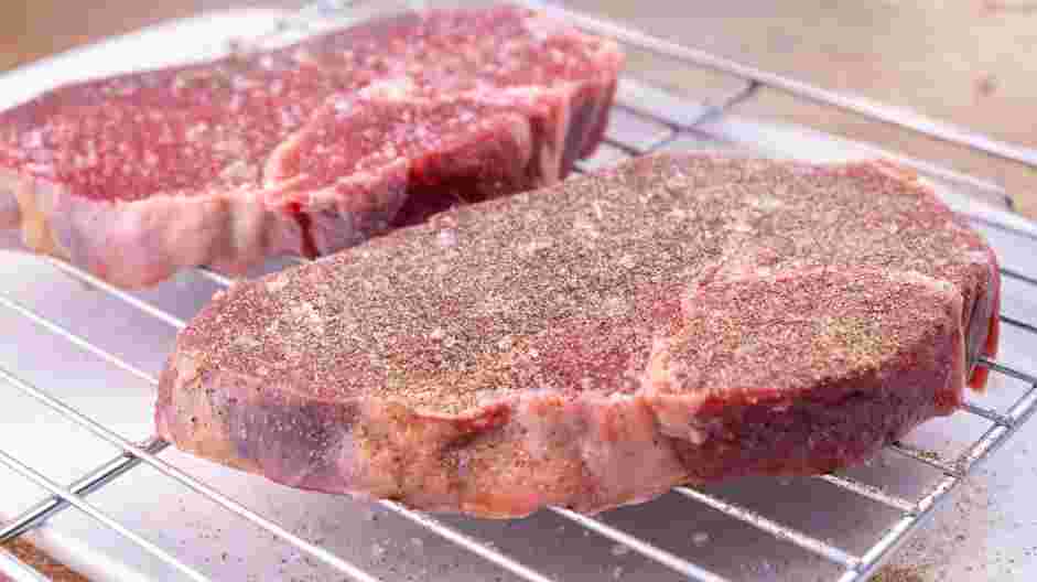 Cowboy Steak with Pan-Fried Radish and Bacon Recipe: Prepare the cowboy steak.