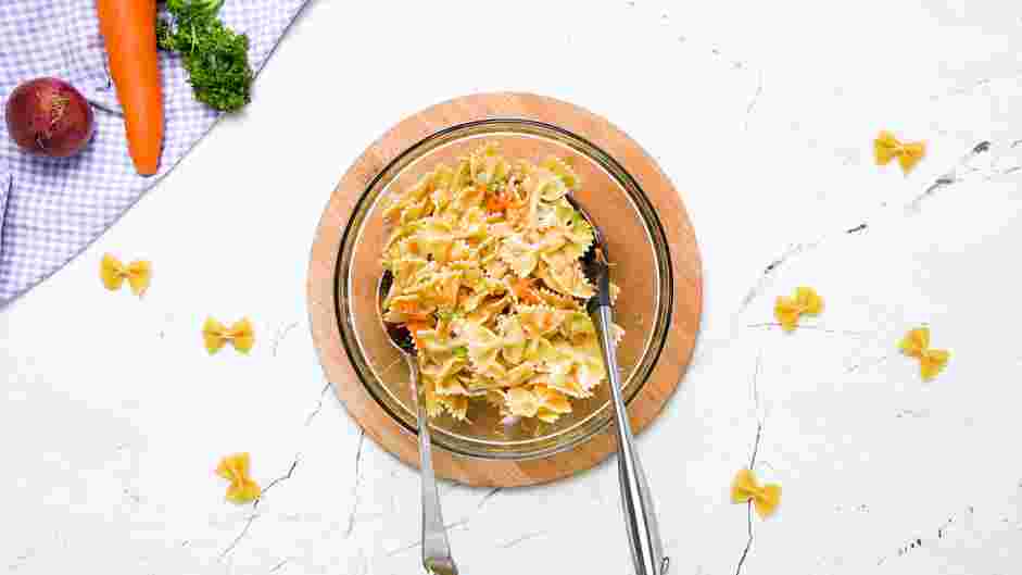 Bow Tie Pasta Salad Recipe: Combine the red onions, celery, carrots and cooled pasta in a mixing bowl.