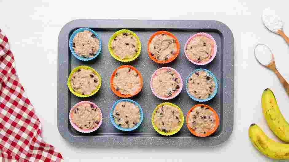 Gluten Free Banana Muffins with Chocolate Chips Recipe: Fill either six jumbo or twelve regular muffin cups evenly and place them on a baking sheet.