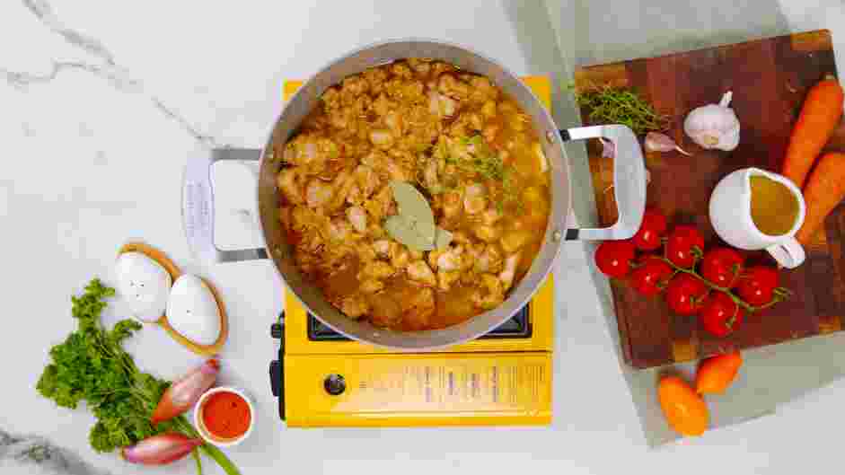 Creamy Chicken and Dumplings Recipe: Add the chicken stock (or broth), thyme sprigs and bay leaves.