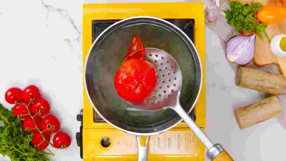 Tomato Basil Pasta Recipe: Boil each tomato for about 30-60 seconds, until the skin of the tomato cut by the shallow &ldquo;X&rdquo; starts to curl.