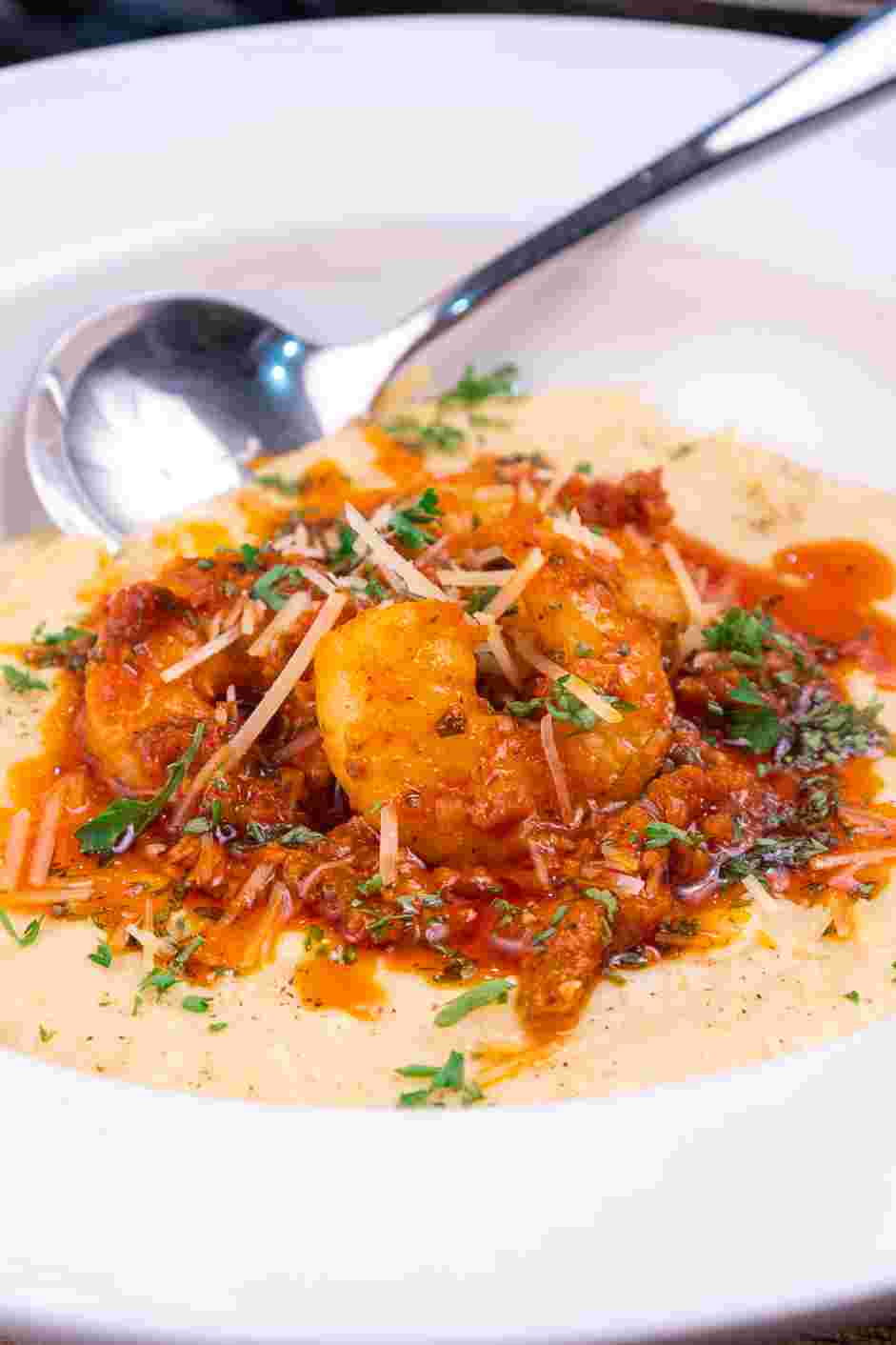 Cheesy Polenta with Shrimp and Chorizo Romanesco Recipe: Assemble the dish.