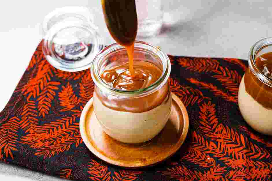 Budino Recipe: Pour a thin layer of warm salted caramel over the completely chilled butterscotch custard.