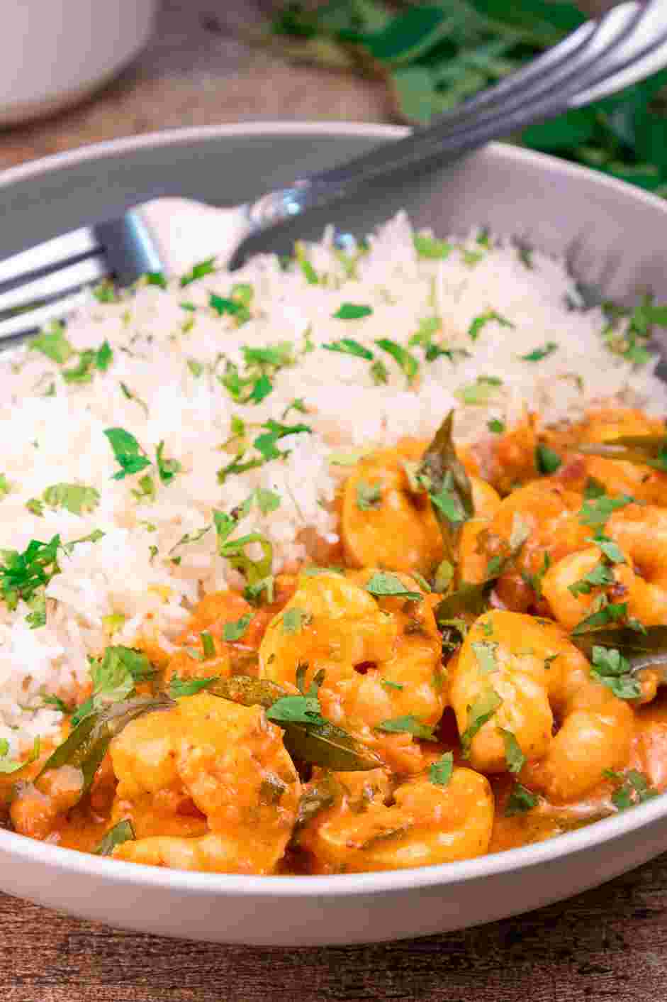 Curry Shrimp Recipe: Once hot, plate the basmati rice, shrimp curry and naan.