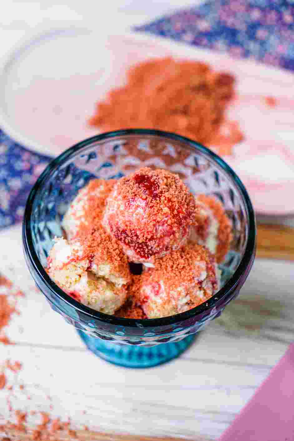 Strawberry Shortcake Ice Cream Recipe: When ready to serve, let the ice cream soften at room temperature for 5-10 minutes before scooping and serving it with a sprinkle of the strawberry crunchies.