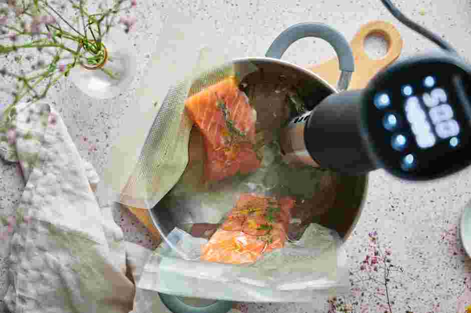 Sous Vide Salmon Recipe: Heat the sous vide water bath to 120-125&deg;F.