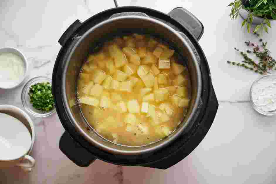 Instant Pot Potato Soup Recipe: Stir in the diced potatoes and the chicken stock (or broth).