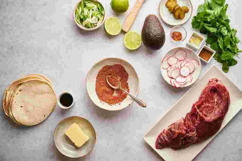 Skirt Steak Tacos with Avocado Crema Recipe: While the steak is coming to room temperature, prepare the ancho chili rub.