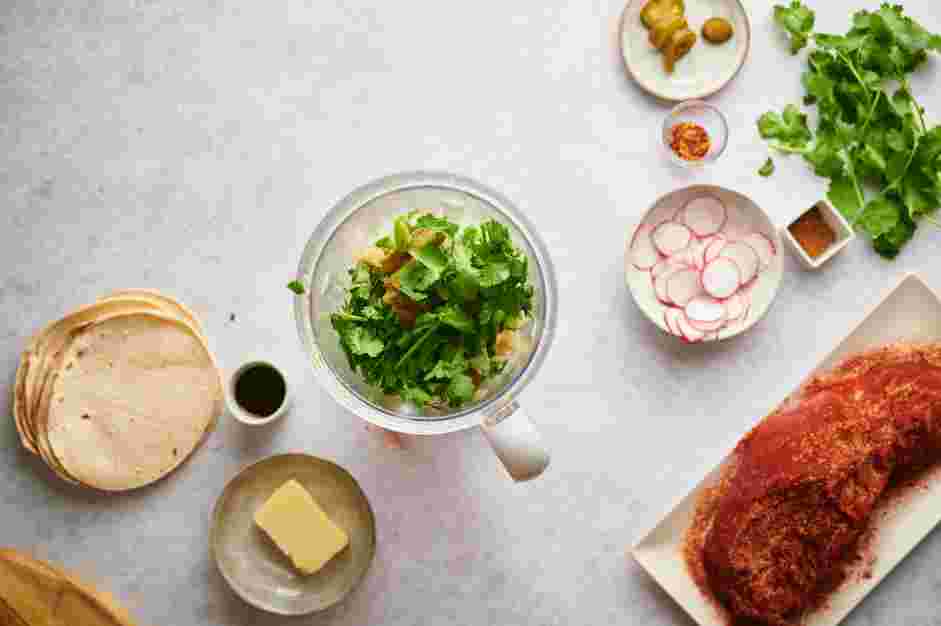 Skirt Steak Tacos with Avocado Crema Recipe: Prepare the avocado crema.