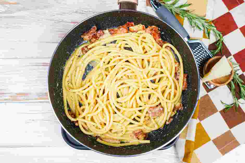 Bucatini Carbonara Recipe: Turn off the heat, wait a few seconds (the time depends on how much the skillet retains the heat), and then add the egg mixture while tossing the pasta to ensure the eggs don't scramble.