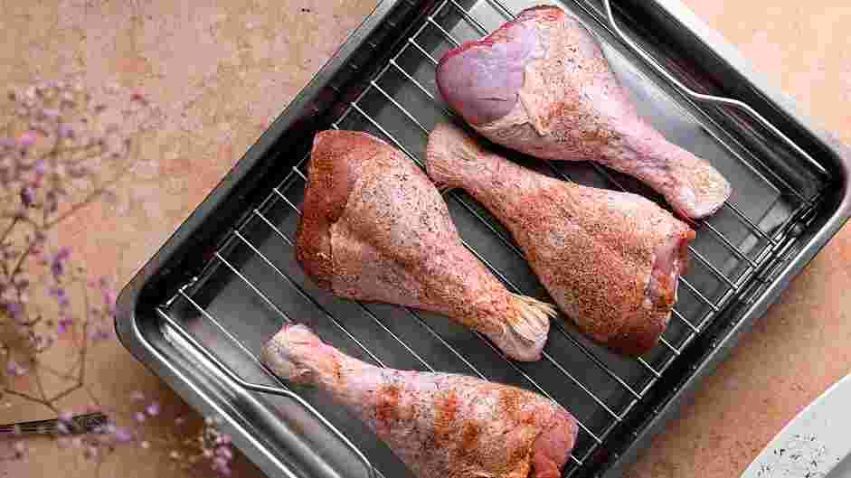 Turkey Legs Recipe: For crispy skin, prepare a sheet pan lined with a wire rack.