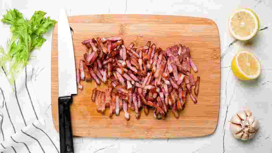 Frisee Salad Recipe: Slice the cooled bacon into lardons.