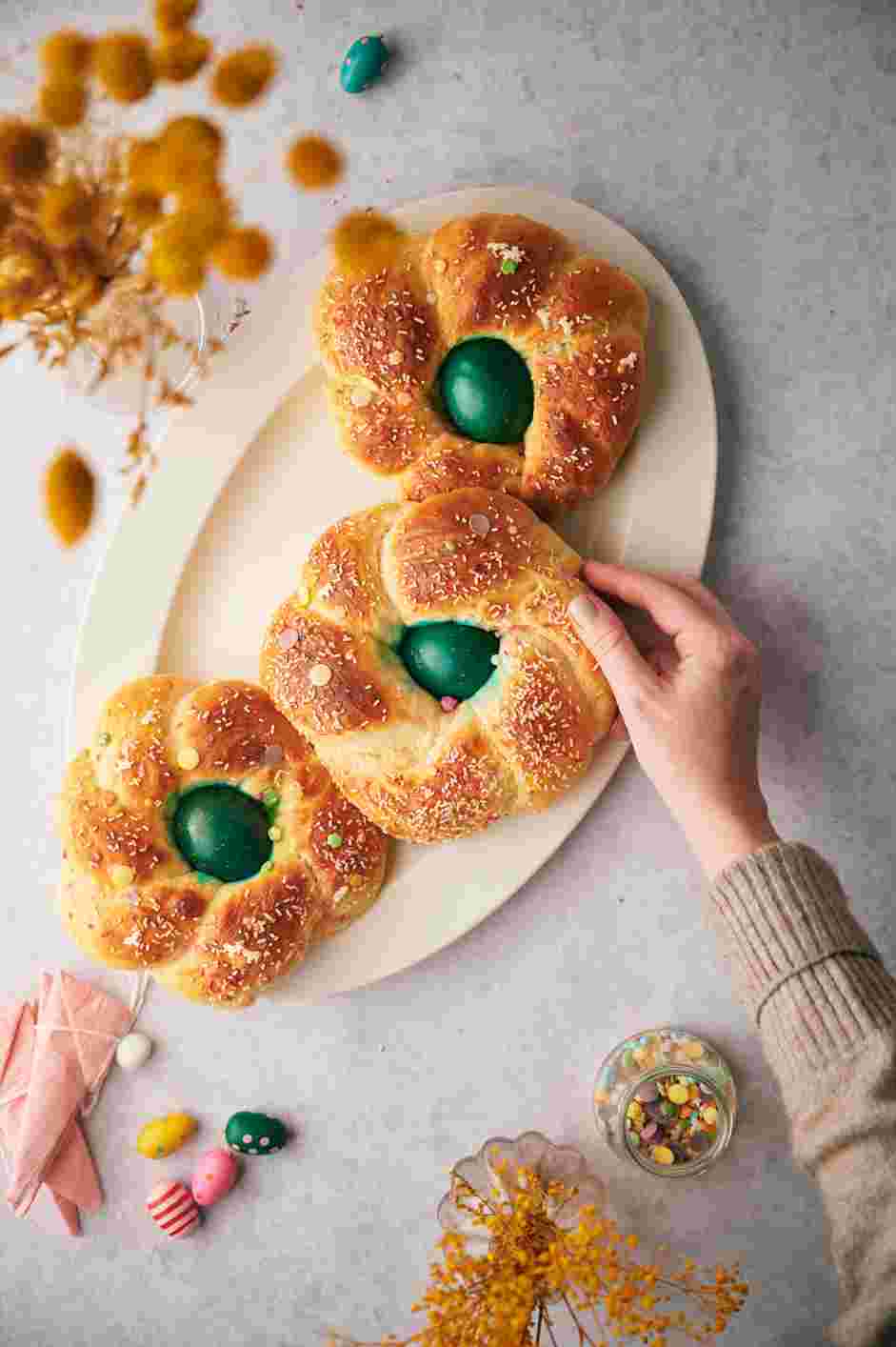 Italian Easter Bread Recipe: Remove the Italian Easter bread from the oven and let cool for 10-15 minutes in the pan before transferring them to a cooling rack to cool completely.