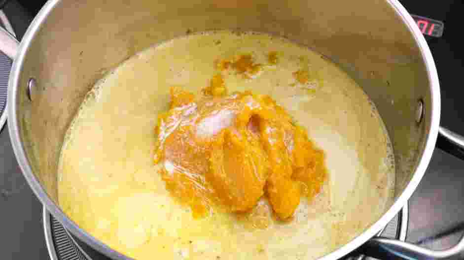 Pumpkin Curry Soup Recipe: Add the pureed pumpkin, coconut milk, stock and lemon juice.