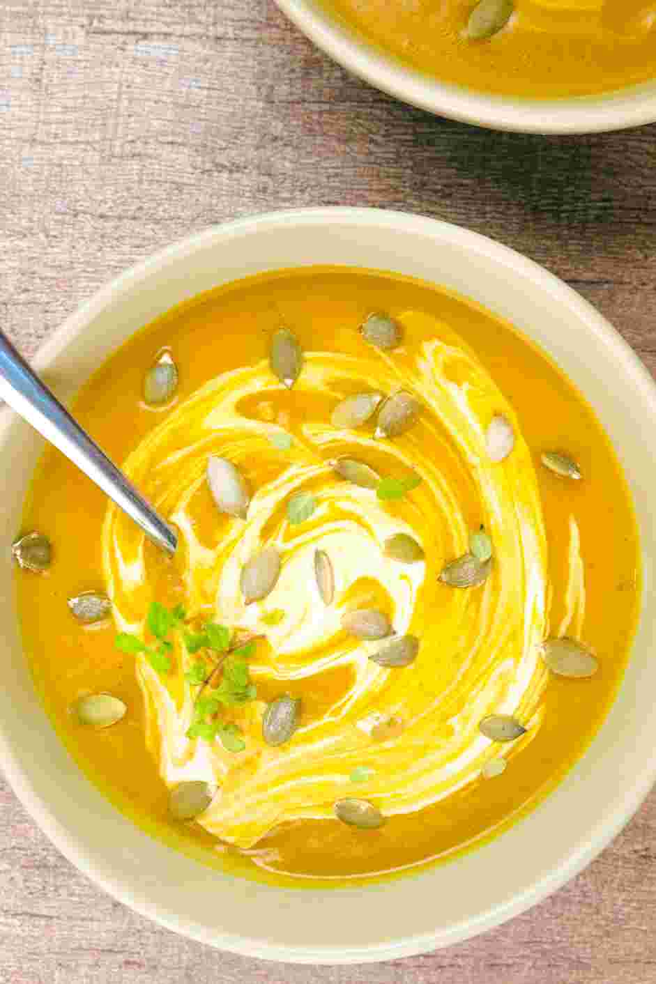 Pumpkin Curry Soup Recipe: Garnish with toasted pumpkin seeds, additional spices and a splash of cream if desired.