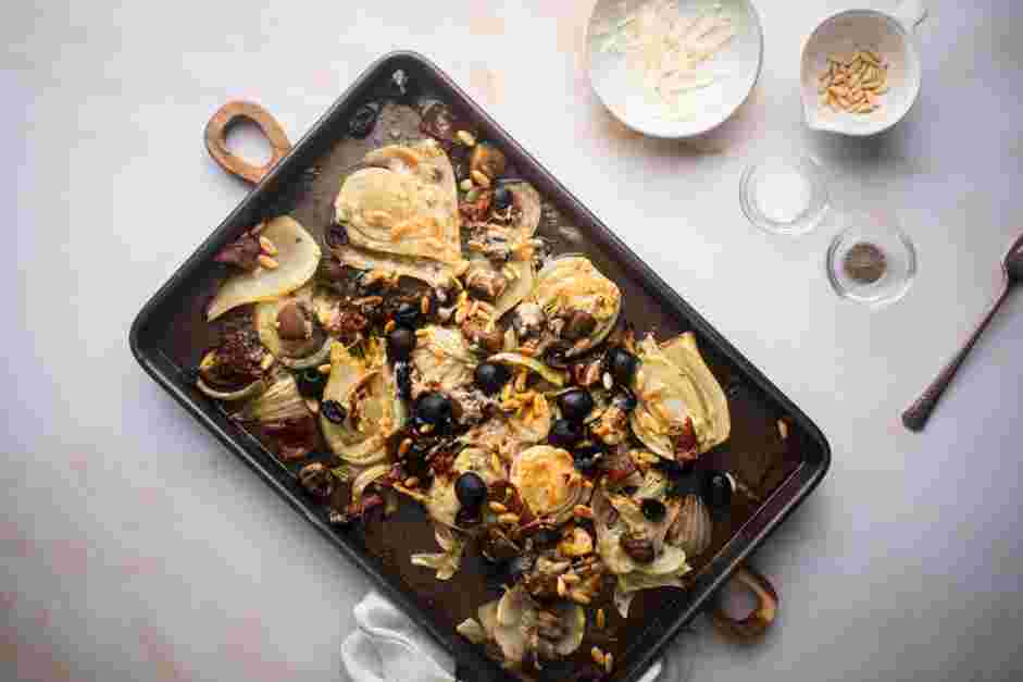 Roasted Fennel Recipe: Remove the foil after baking and sprinkle on the Parmesan, pignoli nuts and black olives.