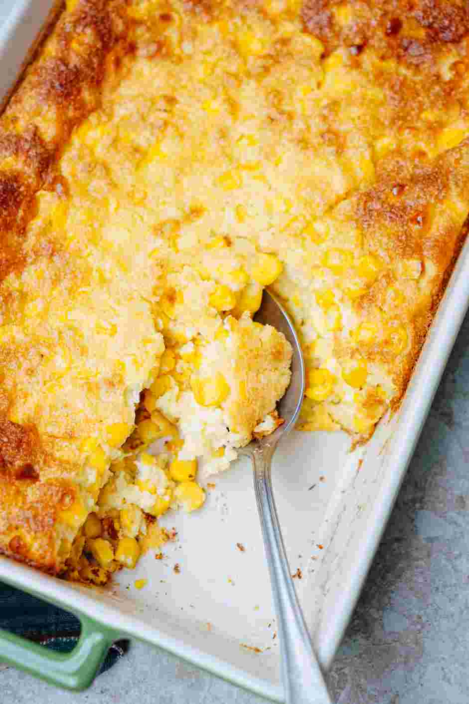 Corn Pudding Recipe: Pour the corn mixture into the prepared baking dish and bake for 45-55 minutes, until golden on top and the center is just set.