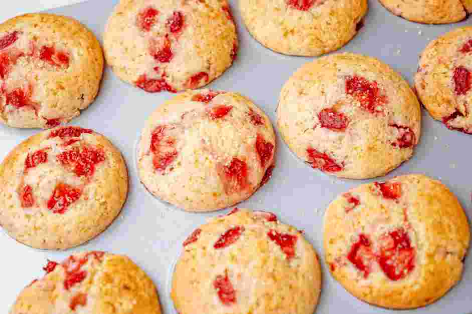 Strawberry Muffins Recipe: Bake for about 20-25 minutes, rotating the pan halfway through, until a toothpick inserted into the center comes out clean.