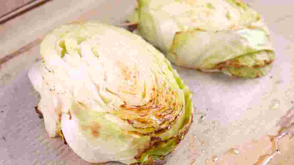 Cabbage Steaks Recipe: Roast the cabbage steaks for 12-15 minutes or until lightly browned.