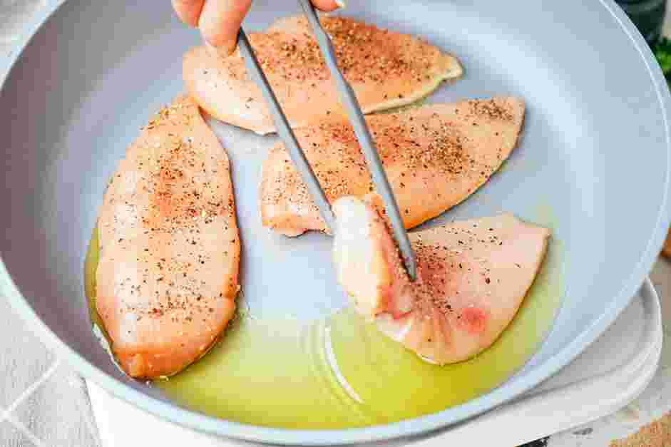 Garlic Parmesan Chicken Pasta Recipe: In a large skillet over medium heat, add the olive oil.