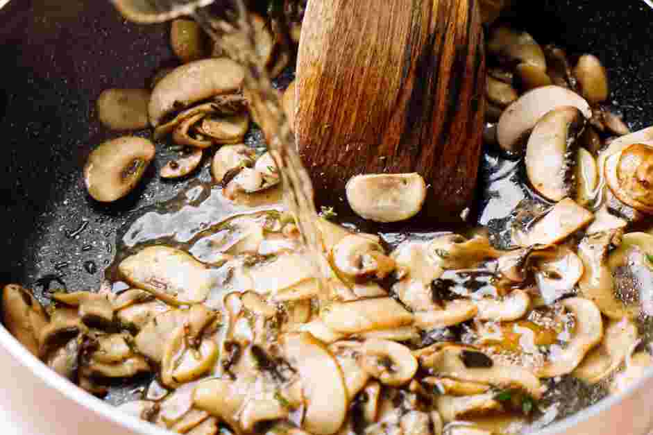 Sweet Potato Gnocchi with Mushroom and Pesto Sauce Recipe: Drizzle the pan with white wine and saut&eacute; allowing the wine to reduce.