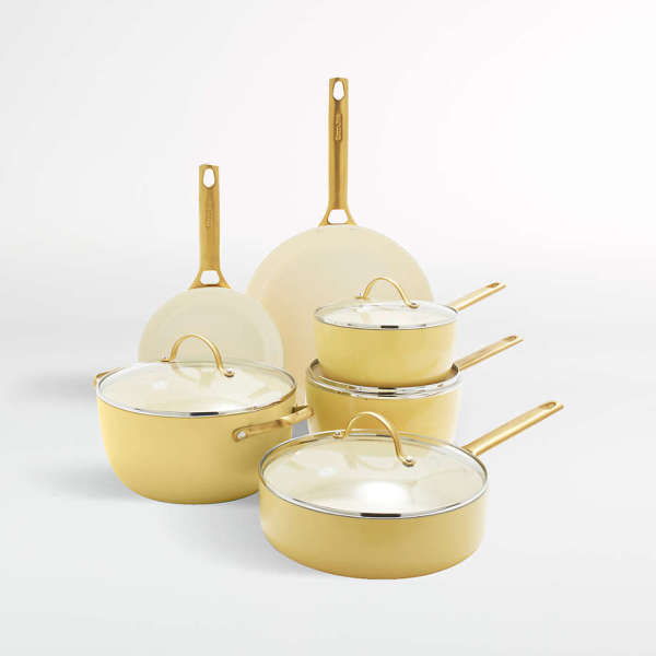 Reserve Ceramic Nonstick 10-Piece Cookware Set | Cream with Gold-Tone  Handles