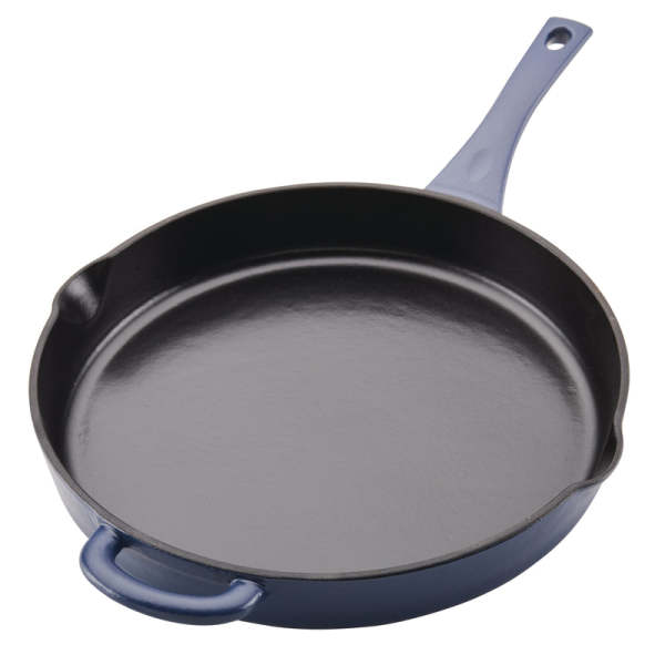 Ayesha Curry Enameled Cast Iron Skillet with Helper Handle and Pour Spouts, 12-Inch, Anchor Blue