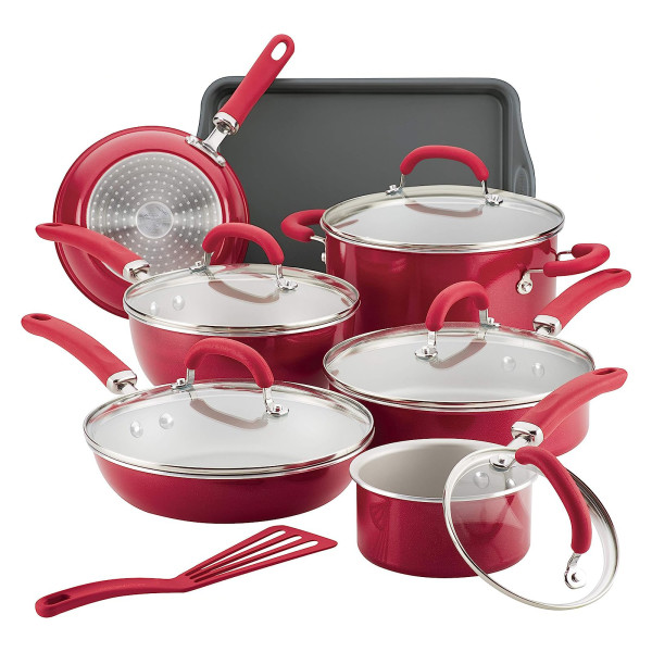 Rachael Ray Create Delicious Enameled Aluminum 13-Piece Cookware Set Red