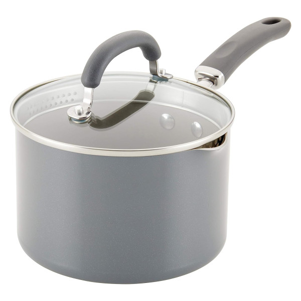 Rachael Ray Create Delicious Enameled Aluminum 3-Quart Straining Saucepan Gray