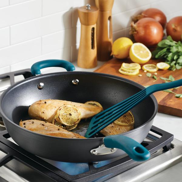 Rachael Ray Create Delicious Hard Anodized 12.5-Inch Frying Pan with Helper Handle Teal