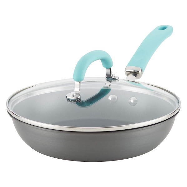 Rachael Ray Create Delicious Hard Anodized 10.25-Inch Deep Frying Pan with Lid Light Blue