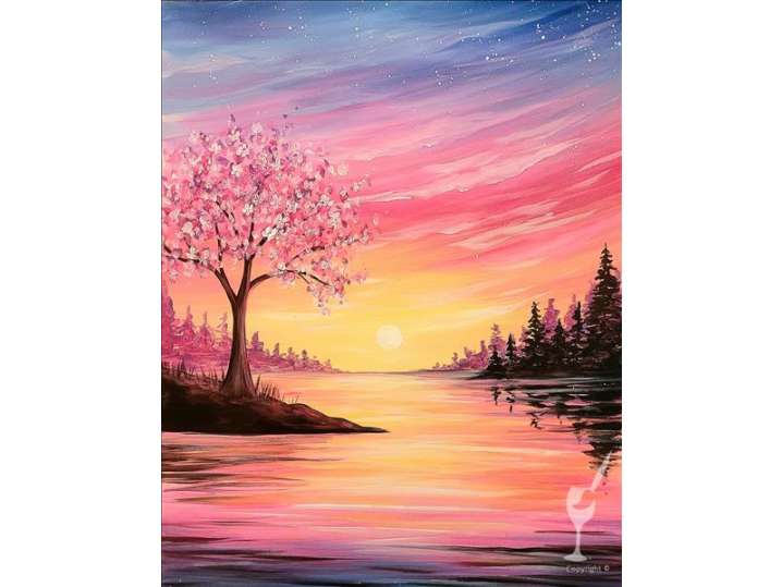 The Blossoming Tree and a Lakeside Sunset