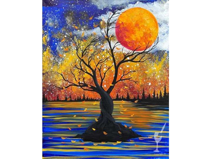 Moonlit Twisted Tree in Autumn