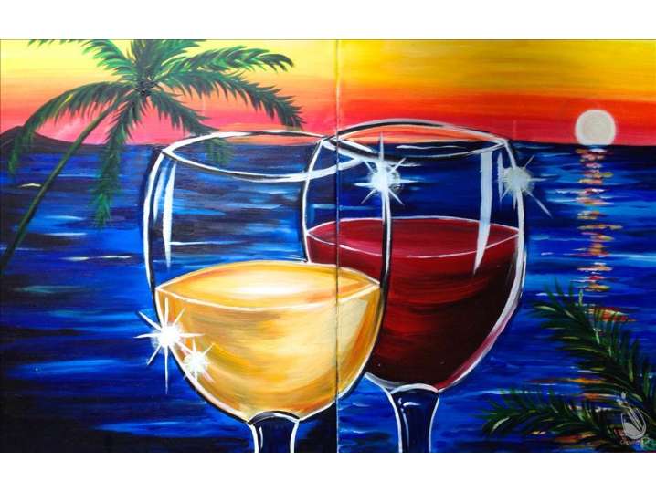 Two Clinking Wine Glasses at Sunset